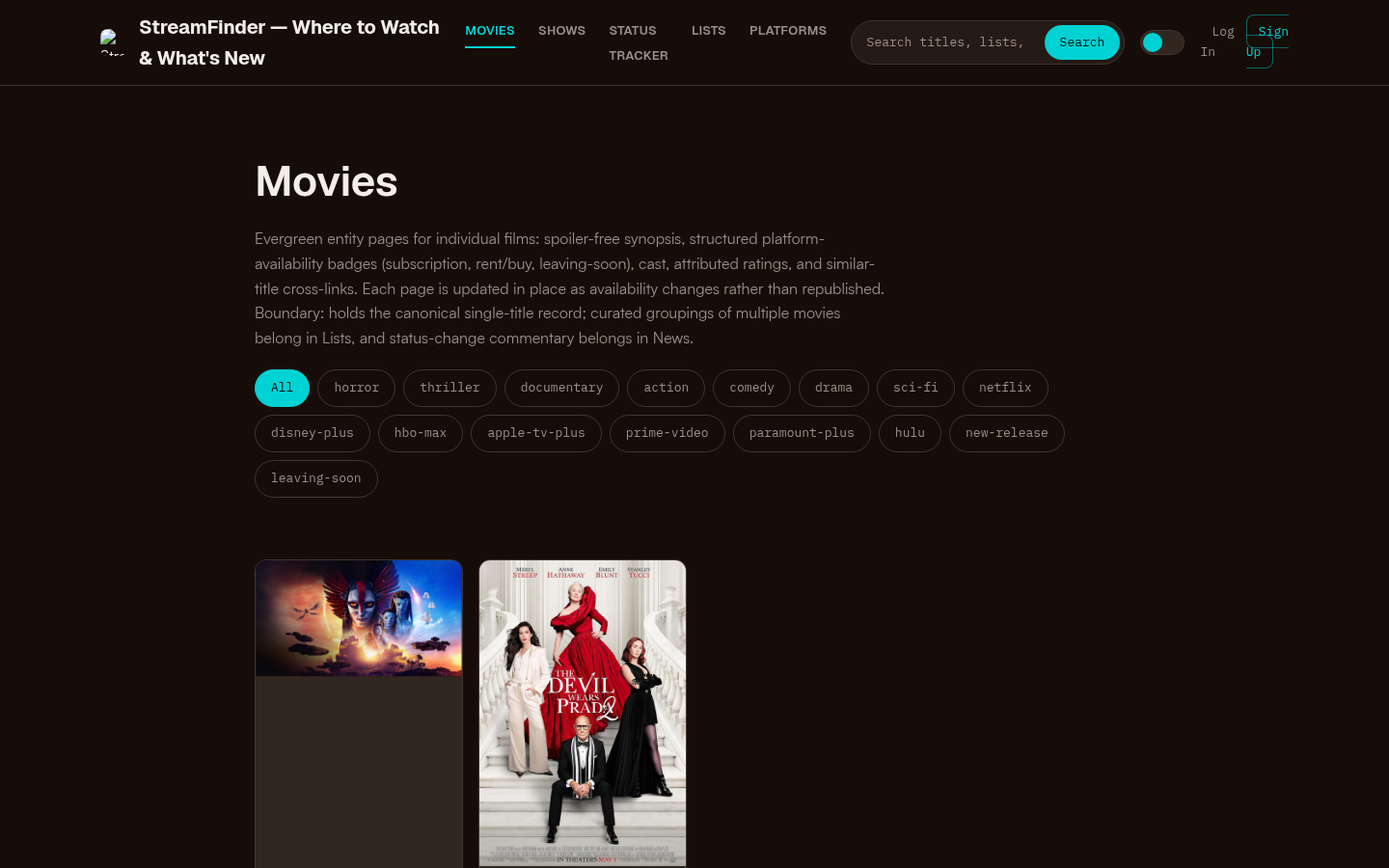 Movies browse page with genre/platform filter pills and movie poster cards (Avatar, The Devil Wears Prada 2).