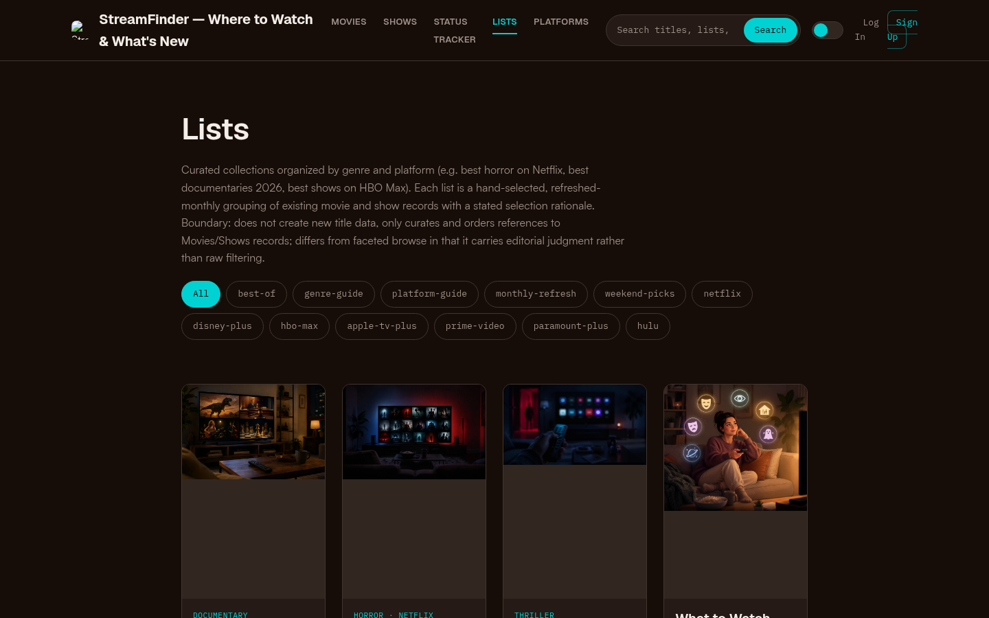 Curated collections page with tag filters (best-of, genre-guide, platform-guide, etc.) and article cards featuring documentary, horror, thriller, and weekend-pick lists.
