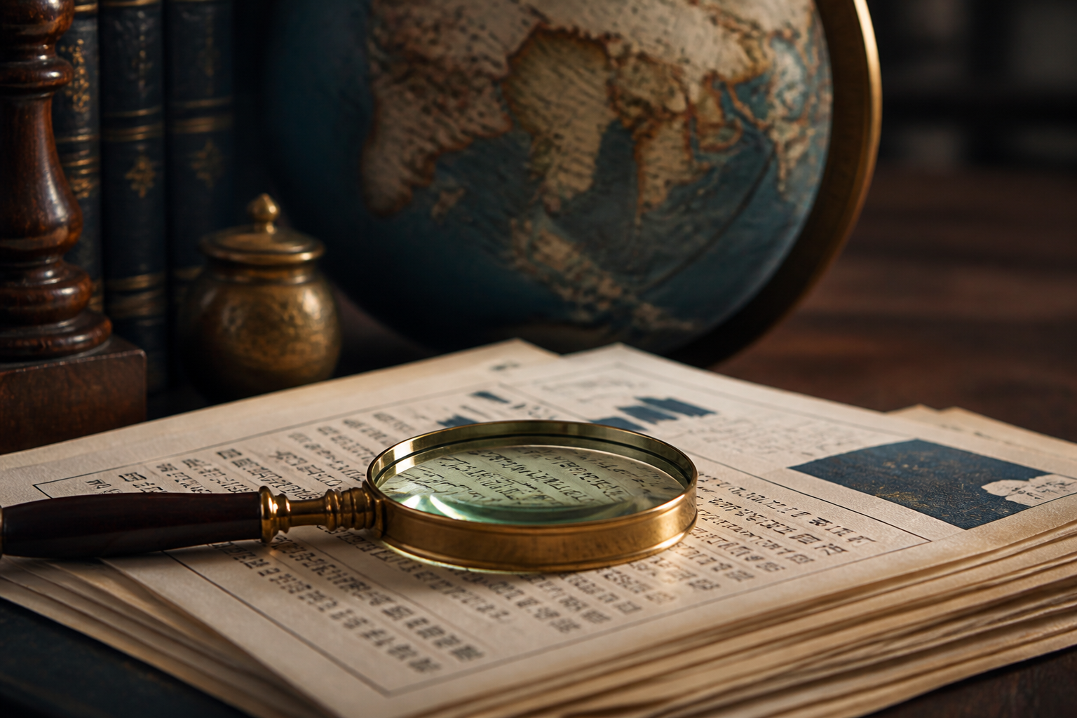A brass magnifying glass resting on financial documents with a blurred globe in the background, symbolizing global research.