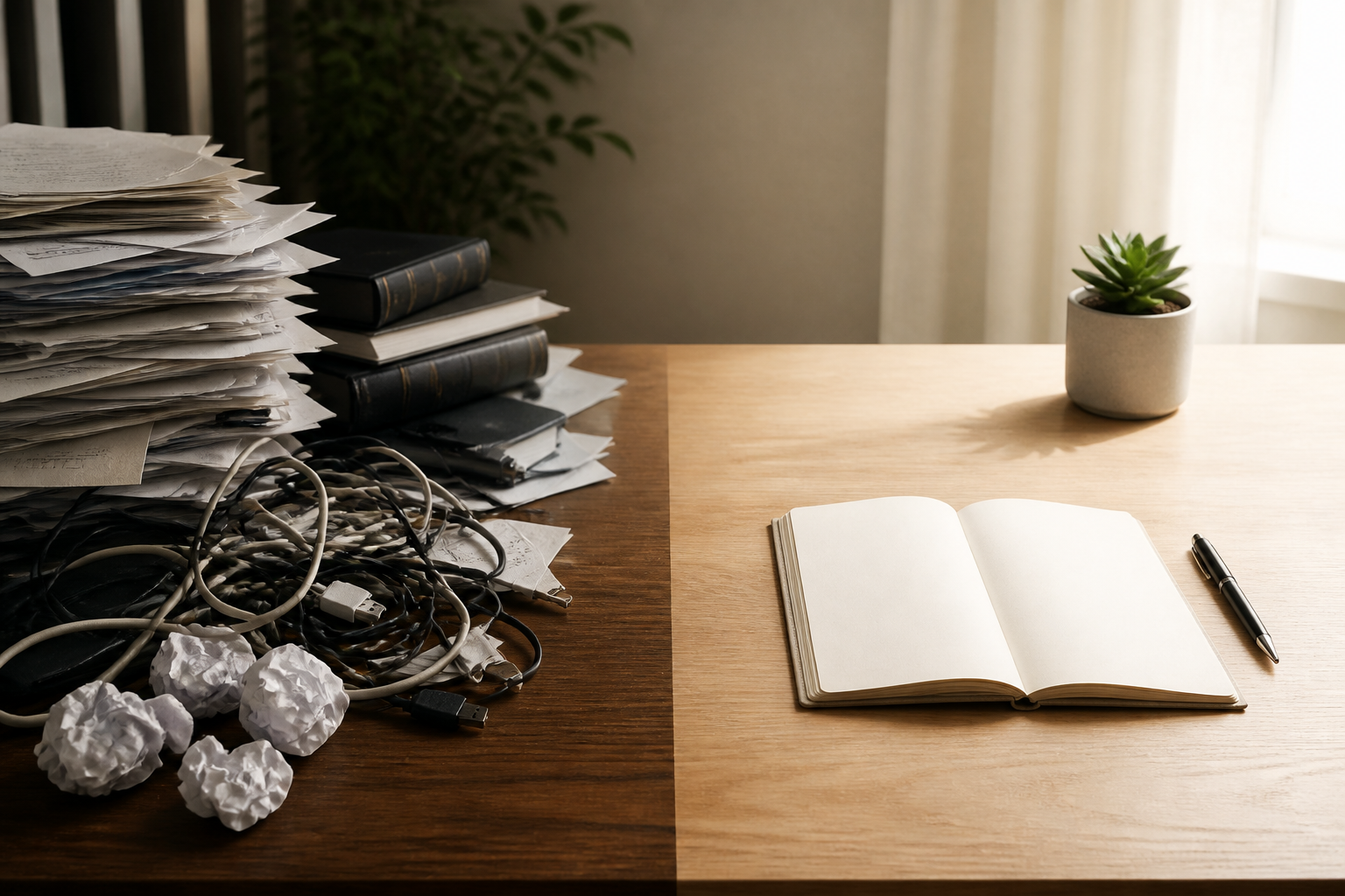 A split-view wooden desk contrasting a cluttered side with tangled wires and a clean side with a single notebook and plant.