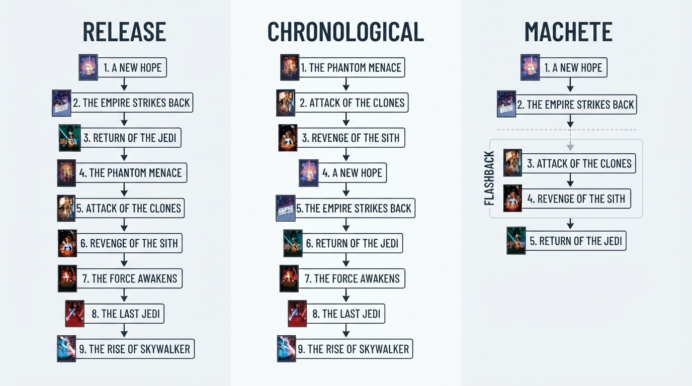 Workflow diagram for how to watch star wars in order.