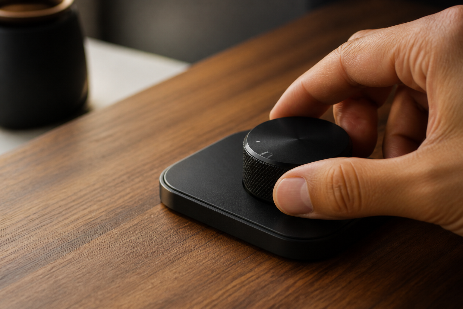 Close-up of a hand adjusting a premium mechanical dial on a wooden desk, representing customizable search modes.