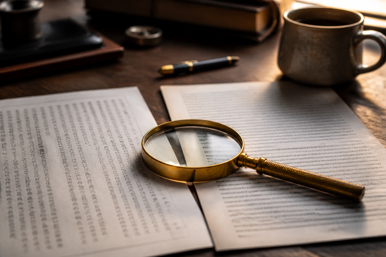 A magnifying glass focusing on highlighted text on printed financial documents on a wooden desk.