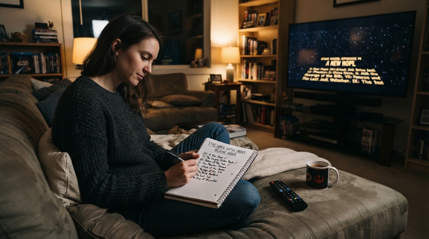 Editorial illustration for how to watch star wars in order.